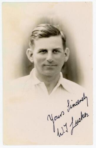 Walter Thomas ‘Wally’ Luckes. Somerset 1924-1949. Mono real photograph postcard of Luckes, head and shoulders in cameo, wearing cricket attire. Nicely signed in black ink by Luckes to the photograph. Official stamp to verso for A. Wilkes & Son, West Bromw