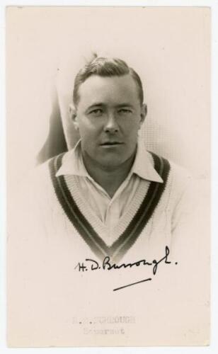 Herbert Dickinson ‘Dickie’ Burrough. Somerset 1927-1947. Mono real photograph postcard of Luckes, head and shoulders in cameo, wearing cricket attire. Nicely signed in black ink by Luckes to the photograph. Official stamp to verso for A. Wilkes & Son, Wes