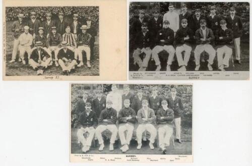 Surrey team postcards 1902-1912. Five early mono postcards of Surrey teams, each with the players seated and/ or standing in rows wearing cricket attire. Includes one real photograph postcard of the 1902 team, Wrench Series No. 3275. Other teams are 1905 