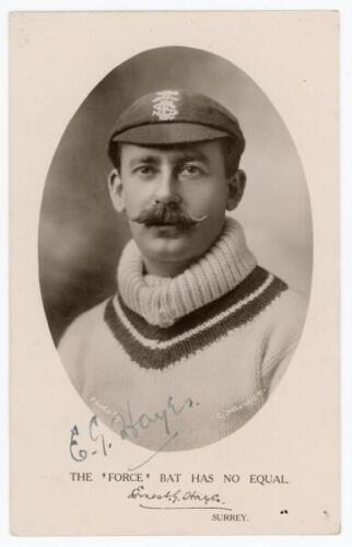 Ernest George Hayes. Surrey, London County, Leicestershire & England 1896-1926. Early mono real photograph postcard of Hayes, head and shoulders in cameo wearing Surrey cap. Nicely signed in black ink to the photograph by Hayes. “Force” Bat Series. Photo 