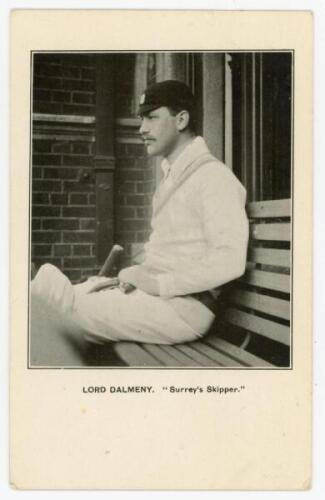 Lord Dalmeny (‘Surrey’s Skipper’). Middlesex & Surrey 1905-1920. Early mono postcard of Lord Dalmeny seated three quarter length in profile on a pavilion bench, wearing cricket attire and Surrey cap. Printed title to lower border. Wellington Series. Posta