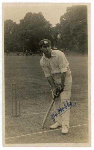 John Berry ‘Jack’ Hobbs. Surrey & England 1905-1934. Early mono real photograph postcard of a youthful Hobbs standing full length in batting pose at the crease, wearing England cap, in a country setting. Very nicely signed in blue ink to the photograph. C