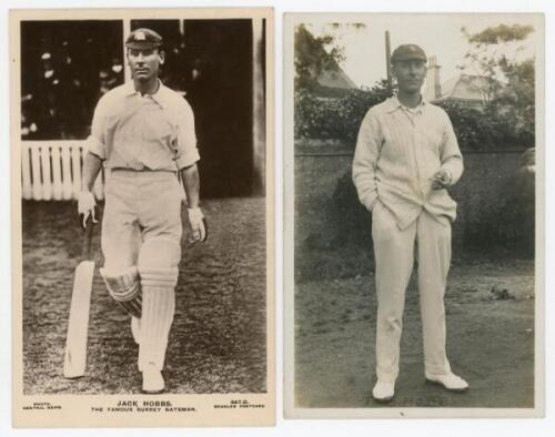 John Berry ‘Jack’ Hobbs. Surrey & England 1905-1934. Four mono real photograph postcards of Hobbs in various poses. Cards depict Hobbs walking out to bat, J. Beagles series no. 357D, standing full length, wearing cricket attire, cigarette in hand, Nias of