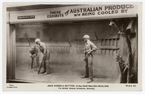 John Berry ‘Jack’ Hobbs. Surrey & England 1905-1934. Mono real photograph postcard of ‘Jack Hobbs in Butter, in the Australian Pavilion. The British Empire Exhibition, Wembley’ 1924. The card depicts the ‘Australian Butter’ promotional stand at the Exhibi