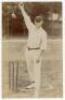 John Neville ‘Jack’ Crawford. Surrey & England 1904-1921. Early sepia real photograph postcard of Crawford standing full length at the crease in bowling pose wearing Surrey cap. Appears to be by Foster of Brighton. Postally unused. Slight fading to the im