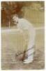 Andrew Ducat. Surrey & England 1906-1931. Early sepia real photograph postcard of Ducat standing full length at the crease in batting pose, wearing batting attire. The postcard very nicely signed to image in black ink ‘Yours sincerely A. Ducat’. Foster of