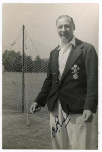 Herbert Alan Peach. Surrey 1919-19231. Original mono real photograph postcard of Peach standing three quarter length in the nets, wearing cricket attire and Surrey blazer. Nicely signed in black ink to the photograph by Peach. Publisher unknown. Postally 