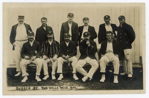 ‘Sussex XI. Tun Wells Week 1904’. Early sepia real photograph postcard of the Sussex team seated and standing in rows in front of the sight screen for the match v Kent played at Tunbridge Wells 11th- 13th June 1904. Players include Ranjitsinhji, Relf, Bra