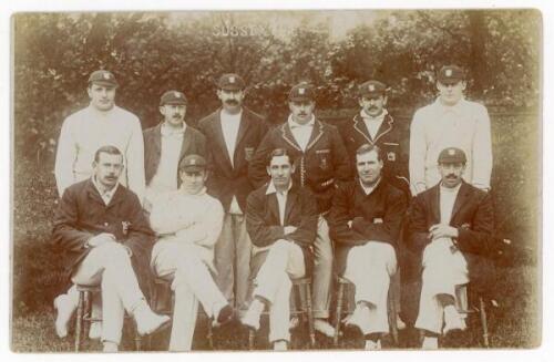 Sussex C.C.C. 1910. Early sepia real photograph postcard of the Sussex team seated and standing in rows wearing cricket attire, some in caps and blazers. Players include Chaplin, Heygate, Butt, Cartwright, R.R. Relf, A.E. Relf, Vincent, Killick etc., name