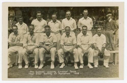 Sussex C.C.C. 1928. Original sepia real photograph postcard of the Sussex team seated and standing in rows in front of the pavilion, wearing cricket attire. Title to lower portion of the image, ‘The Sussex County Cricket Team that beat Surrey at Horsham 1