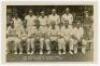 Sussex C.C.C. 1928. Original sepia real photograph postcard of the Sussex team seated and standing in rows in front of the pavilion, wearing cricket attire. Title to lower portion of the image, ‘The Sussex County Cricket Team that beat Surrey at Horsham 1