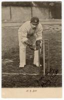 Henry Ridgen Butt. Sussex & England 1890-1912. Early original mono real photograph postcard of Butt, full length, wearing Sussex cap and in wicket keeping pose at the wicket. The postcard nicely signed to image in black ink by Butt. Wrench Series no. 1385