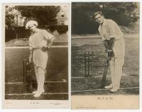 Charles Burgess Fry. Oxford University, Sussex, Hampshire, Euorpeans & England 1892-1922. Three early real photograph postcards of Fry in various batting poses. One of Fry at the crease wearing a sun hat by E. Hawkins & Co., Brighton, postmarked 1903. Oth