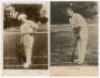 Charles Burgess Fry. Oxford University, Sussex, Hampshire, Euorpeans & England 1892-1922. Three early real photograph postcards of Fry in various batting poses. One of Fry at the crease wearing a sun hat by E. Hawkins & Co., Brighton, postmarked 1903. Oth