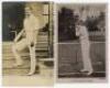 Charles Burgess Fry. Oxford University, Sussex, Hampshire, Euorpeans & England 1892-1922. Three early real photograph postcards of Fry in various batting poses. One of Fry at the crease wearing a sun hat by E. Hawkins & Co., Brighton, postmarked 1903. Oth - 3