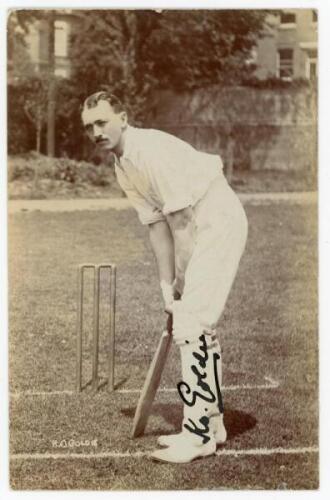 Kenneth Oswald Goldie. Sussex & Europeans 1900-1921. Early original sepia real photograph postcard of Goldie standing full length at the crease in batting pose. Boldly signed in black in to the photograph by Goldie. Photograph by Foster of Brighton with b