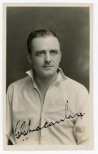 George Gibson Macaulay. Yorkshire & England 1920-1935. Excellent early mono real photograph postcard of a studio photograph of Macaulay, half length wearing cricket attire. Nicely signed in black ink to the photograph by Macaulay. Official stamp for M.V. 