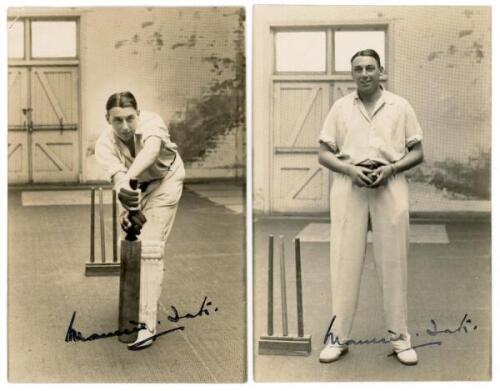 Maurice William Tate. Sussex & England 1912-1937. Two excellent original sepia real photograph postcards of Tate, both depicting Tate full length in indoor nets, wearing cricket attire at the wicket. One with Tate in a forward defensive batting pose, the 