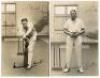 Maurice William Tate. Sussex & England 1912-1937. Two excellent original sepia real photograph postcards of Tate, both depicting Tate full length in indoor nets, wearing cricket attire at the wicket. One with Tate in a forward defensive batting pose, the 