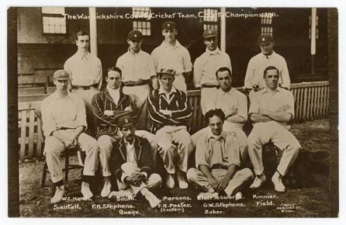 Warwickshire C.C.C. County Champions 1911. Original mono real photograph postcard of the Warwickshire team seated and standing in rows in front of a pavilion, wearing cricket attire, some in caps and blazers. Printed title and players’ names to borders. P