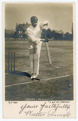 Walter Quaife. Sussex & Warwickshire 1884-1901. Original mono real photograph postcard of Quaife at the crease wearing a Warwickshire cap, playing a back foot shot. Nicely signed in black ink to the lower border, ‘Yours faithfully, Walter Quaife’. The car