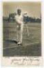 Walter Quaife. Sussex & Warwickshire 1884-1901. Original mono real photograph postcard of Quaife at the crease wearing a Warwickshire cap, playing a back foot shot. Nicely signed in black ink to the lower border, ‘Yours faithfully, Walter Quaife’. The car