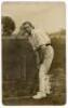 Percy Jeeves. Warwickshire 1912-1914. Sepia real photograph postcard of Jeeves standing full length at the crease in batting pose. Signed in ink by Jeeves, some fading to the signature. Publisher unknown. Postally unused. Rounding to corners otherwise in 