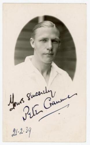 Peter Cranmer. Warwickshire & Europeans 1934-1959. Mono real photograph postcard of Cranmer, head and shoulders in cameo, wearing cricket attire. Nicely signed in black ink by Cranmer and dated 21st February 1939. Photograph by A. Wilkes & Son of West Bro