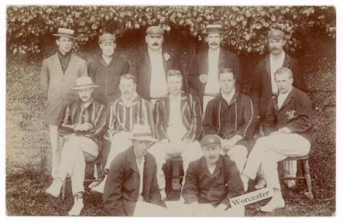 Worcestershire C.C.C. 1907. Early mono real photograph postcard depicting twelve members of the Worcestershire team seated and standing in rows wearing cricket attire, blazers, caps and boaters. Photo by Foster & Co., Brighton. Players’ names annotated in