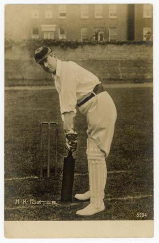 Henry Knollys ‘Harry’ Foster. Oxford University & Worcestershire 1894-1925. Early sepia real photograph postcard of Foster standing full length at the crease in batting pose. Rotophot series no. 8594. Postally unused. A nice image. Very good condition.