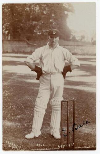 Ernest William Bale. Surrey & Worcestershire 1904-1920. Excellent early sepia real photograph postcard of Bale standing full length wearing wicket-keeping attire and Worcesterhire cap. Nicely signed in black ink to the photograph by Bale. E. Hawkins & Co.