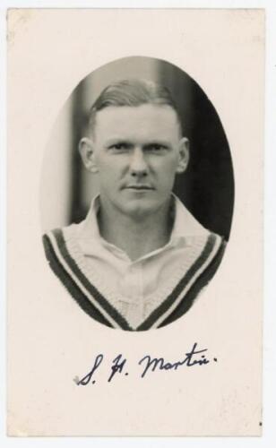 Sidney Hugh Martin. Natal, Worcestershire & Rhodesia 1925-1950. Mono real photograph postcard of Martin, head and shoulders in cameo, wearing cricket attire. Nicely signed in black ink by Martin to the lower border. Official stamp to verso for A. Wilkes &