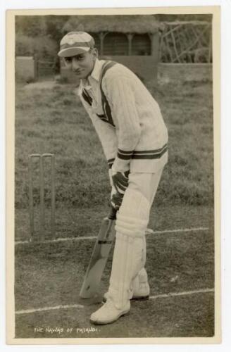 Iftikhar Ali Khan, Nawab of Pataudi. Oxford University, Worcestershire, England & India 1928-1946. Mono real photograph postcard of a youthful Pataudi standing full length at the crease in batting pose. B.C. Flemons of Tonbridge. Postally unused. An excel