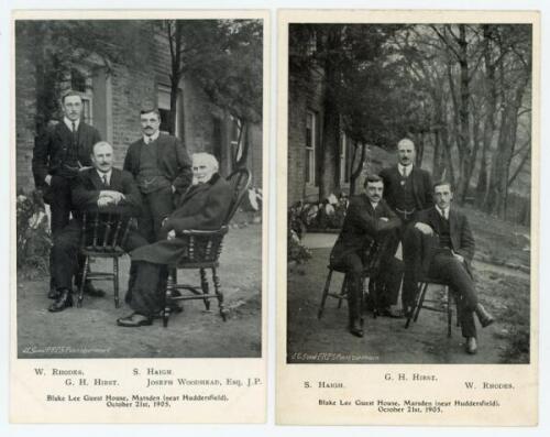 Yorkshire C.C.C. 1905. A rarer mono postcard of Wilfred Rhodes, Schofield Haigh, George Hirst and Joseph Woodhead Esq., J.P., seated and standing in formal attire in the gardens of Blake Lee Guest House, Marsden, dated 21st October 1905. Also a similar po