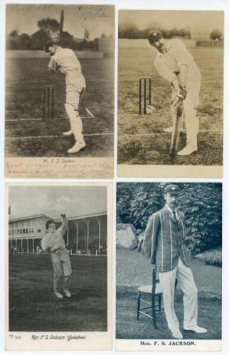 Francis Stanley Jackson. Yorkshire, Cambridge University & England 1890-1907. Four early mono postcards (two appear to be real photographs) of Jackson. Two depict Jackson in batting poses, one by Wrench series no. 1696, the other by Rotophot, one in bowli