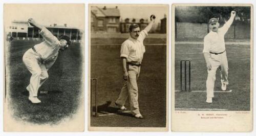 George Herbert Hirst. Yorkshire, Europeans & England 1891-1929. Five early mono postcards (two appear to be real photographs) of Hirst in various batting, bowling and fielding poses. Series include Hartmann no. 4414. 3045. 14, Warner’s Team Series, Wrench