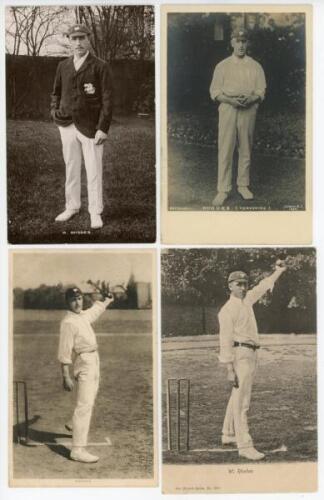 Wilfred Rhodes. Yorkshire, Europeans & England 1899-1930. Four early mono real photograph postcards (two real photographs), each depicting Rhodes standing full length, two in bowling poses, both postally unused, one with ball in hand (postmarked 1904), th