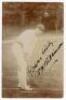 William Herbert Wilkinson. Yorkshire 1903-1910. Early sepia real photograph postcard of Wilkinson standing full length in batting pose at the crease. Nicely and boldly signed in black ink to the photograph by Wilkinson. Foster of Brighton. Dated to verso 