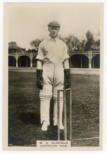 William Albert Stanley ‘Bert’ Oldfield. New South Wales & Australia 1919-1938. Phillips ‘Pinnace’ premium issue cabinet size mono real photograph trade card of Oldfield, taken at Lord’s, standing full length at the wicket in wicket-keeping attire, wearing