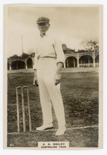 Arthur Alfred Mailey. New South Wales & Australia 1912-1930. Phillips ‘Pinnace’ premium issue cabinet size mono real photograph trade card of Mailey, taken at Lord’s, standing full length at the wicket, ball in hand, wearing Australia cap. Mailey was a me