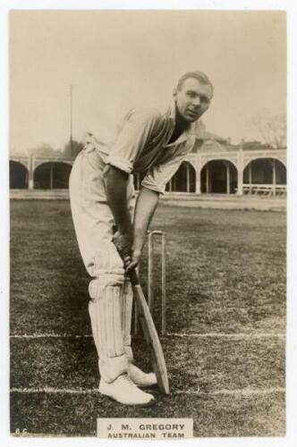 Jack Morrison Gregory. New South Wales & Australia 1920-1929. Phillips ‘Pinnace’ premium issue cabinet size mono real photograph trade card of Gregory, taken at Lord’s, standing full length at the wicket in batting pose. Gregory was a member of the 1921 A