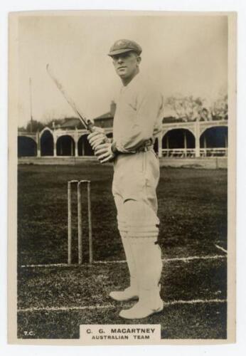 Charles George ‘Charlie’ Macartney. New South Wales & Australia 1912-1930. Phillips ‘Pinnace’ premium issue cabinet size mono real photograph trade card of Macartney, taken at Lord’s, standing full length at the wicket in batting pose, wearing Australia c