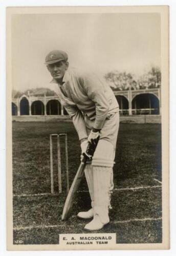 Edgar Arthur ‘Ted’ McDonald. Tasmania, Victoria, Lancashire & Australia 1909-1931. Phillips ‘Pinnace’ premium issue cabinet size mono real photograph trade card of McDonald, taken at Lord’s, standing full length at the wicket in batting pose, wearing Aust