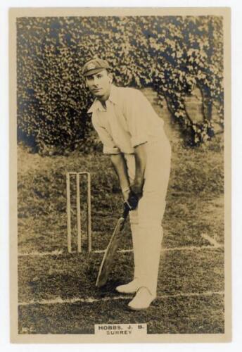 John Berry ‘Jack’ Hobbs, Surrey & England 1905-1934. Phillips ‘Pinnace’ premium issue cabinet size mono real photograph trade card of Hobbs standing full length at the wicket in batting pose, wearing England cap. No. 16.C. 4”x6”. Plain back. Minor silveri