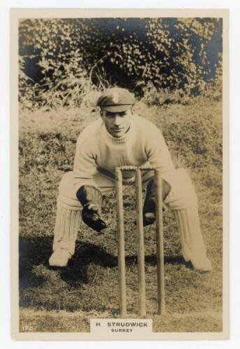 Herbert Strudwick. Surrey & England 1902-1927. Phillips ‘Pinnace’ premium issue cabinet size mono real photograph trade card of Strudwick crouching full length at the wicket in wicket-keeping pose, wearing Surrey cap. No. 17.C. 4”x6”. Plain back. Minor si