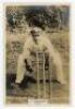 Herbert Strudwick. Surrey & England 1902-1927. Phillips ‘Pinnace’ premium issue cabinet size mono real photograph trade card of Strudwick crouching full length at the wicket in wicket-keeping pose, wearing Surrey cap. No. 17.C. 4”x6”. Plain back. Minor si