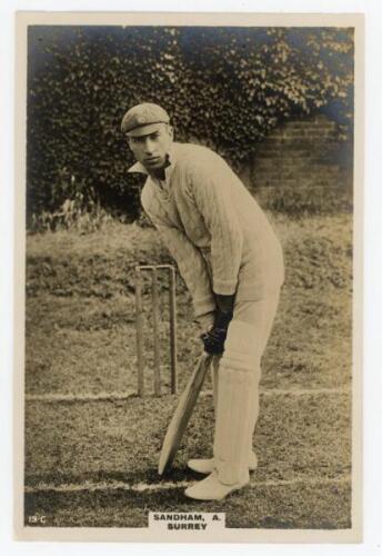 Andrew Sandham. Surrey & England 1911-1937. Phillips ‘Pinnace’ premium issue cabinet size mono real photograph trade card of Sandham standing full length at the wicket in batting pose wearing Surrey cap. No. 19.C. 4”x6”. Plain back. Minor silvering, other