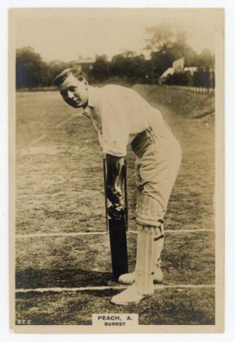 Herbert Alan Peach. Surrey 1919-1931. Phillips ‘Pinnace’ premium issue cabinet size mono real photograph trade card of Peach standing full length at the wicket in batting pose. No. 22.C. 4”x6”. Plain back. Minor silvering, otherwise in very good condition