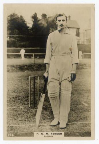 Percy George Herbert Fender. Sussex, Surrey & England 1910-1935. Phillips ‘Pinnace’ premium issue cabinet size mono real photograph trade card of Fender standing full length at the wicket leaning on his bat. No. 24.C. 4”x6”. Plain back. Very good conditio