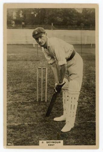 James Seymour. Kent 1900-1926. Phillips ‘Pinnace’ premium issue cabinet size mono real photograph trade card of Seymour standing full length at the wicket in batting pose wearing Kent cap. No. 28.C. 4”x6”. Plain back. Small adhesive marks to verso, otherw